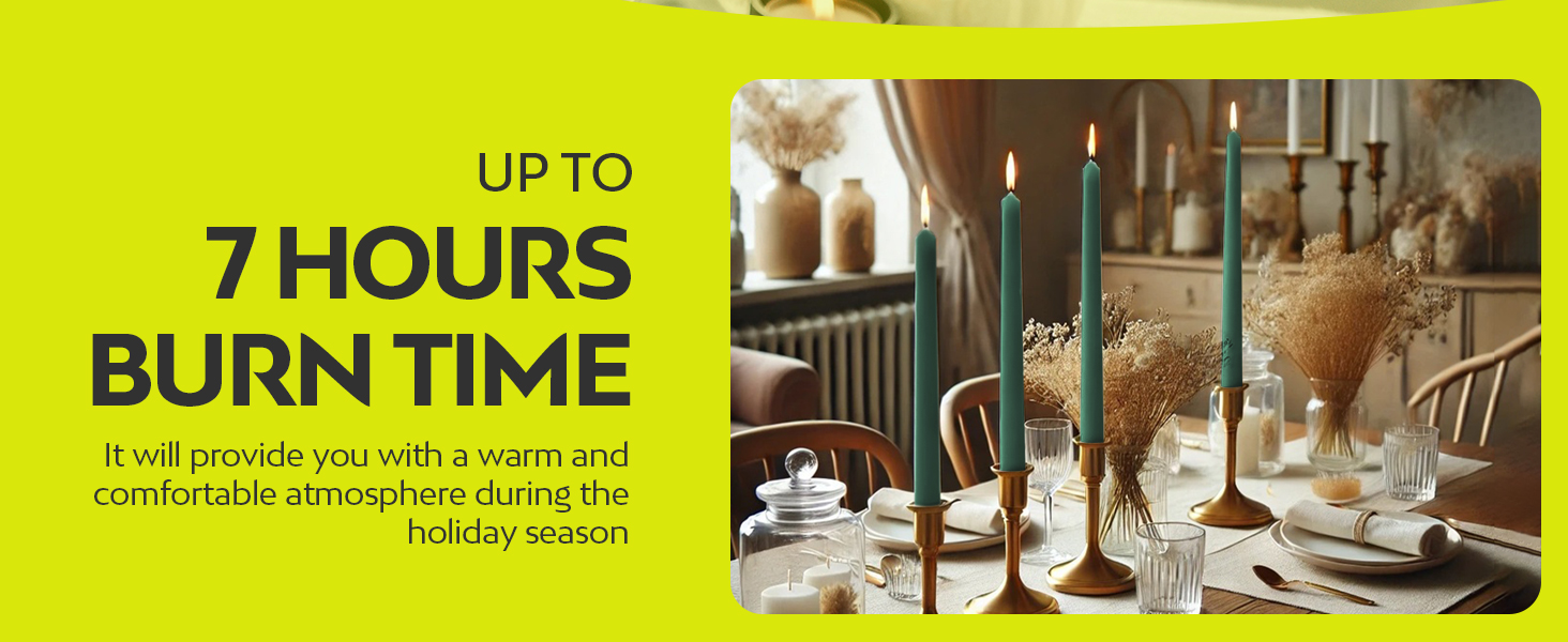 Text reads '7 HOURS', 'BURN TIME', 'UP TO'. Series of images showing candle burning demonstrations in different settings and time intervals.