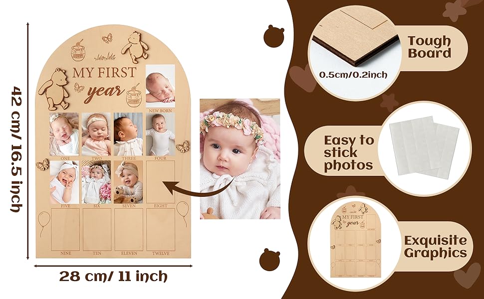 first year photo frame picture display bear wooden photograph board baby 1st birthday 12 monthly