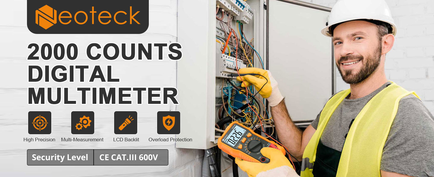 Neoteck 2000 counts digital multimeter with security level CE CAT III 600V. Electrician using yellow multimeter on electrical panel.