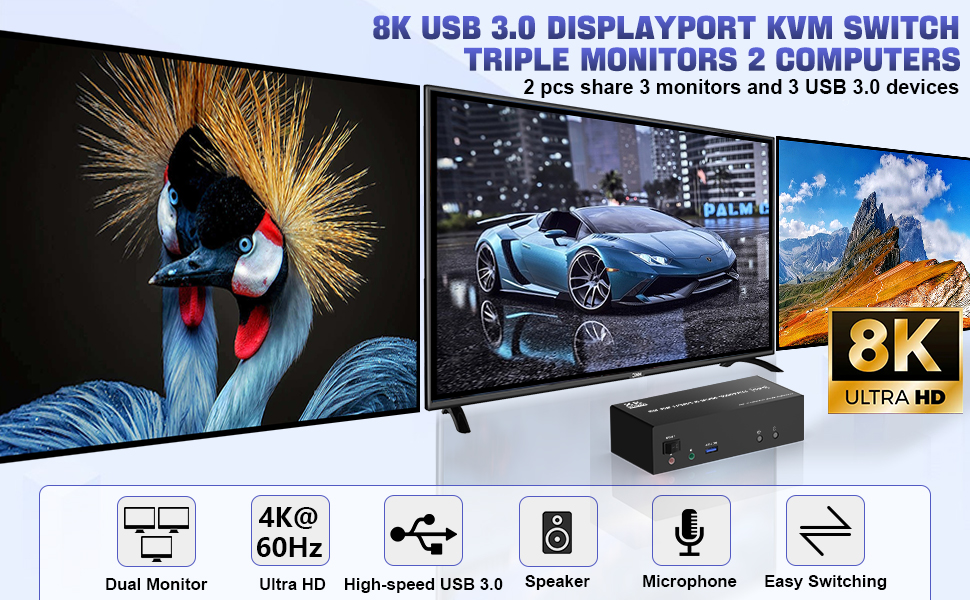 8K Displayport KVM Switch USB 3.0 Triple Monitor for 2 Computer, KVM