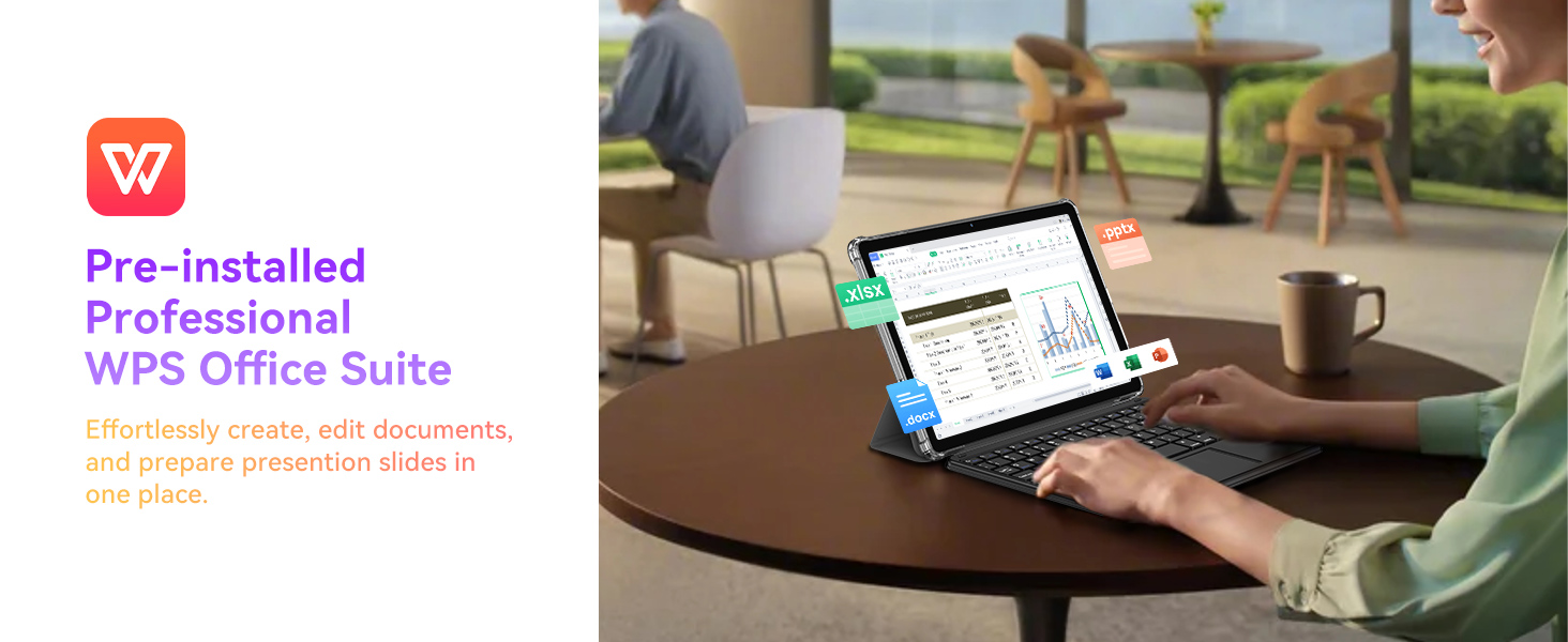 Laptop on wooden table outdoors, displaying WPS Office Suite. Pre-installed professional software for productivity.