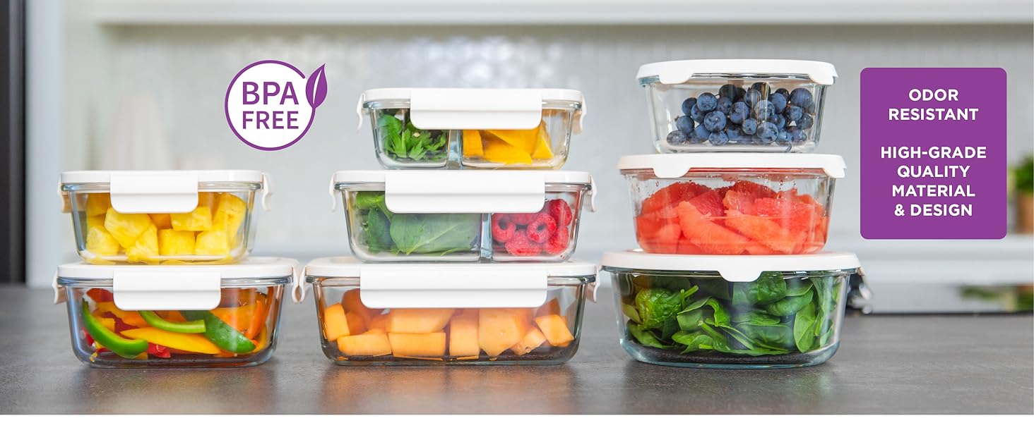 BPA Free, Odor Resistant, High Grade Materials, Glass tupperware dishes, food storage