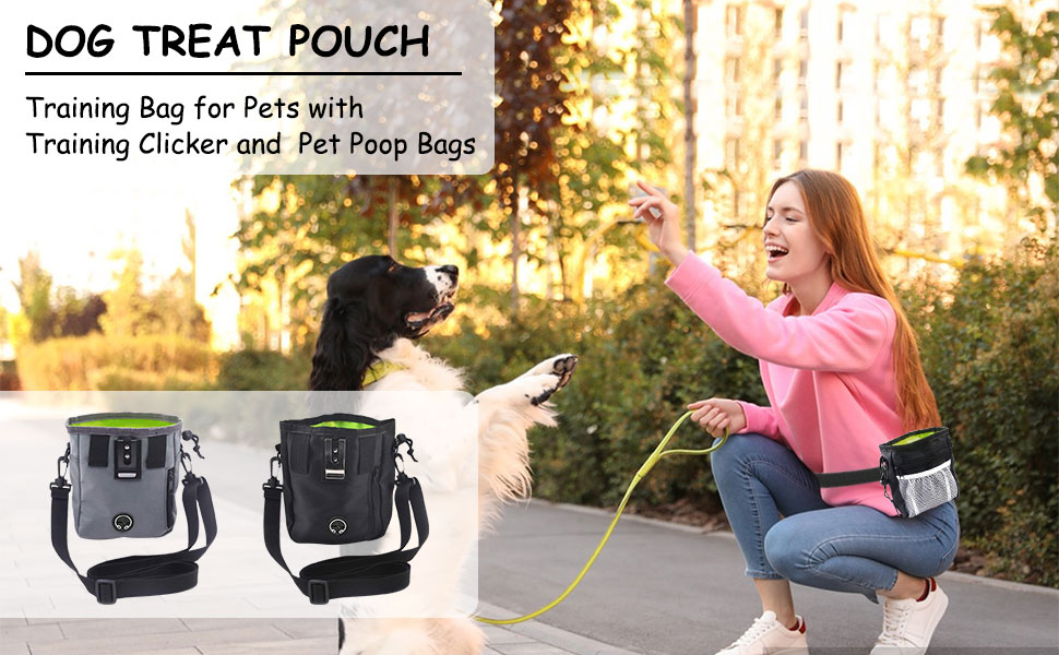 Andiker Dog Treat Pouch, All-In-1 Lightweight Training Bag for Pets with Training Clicker and Eco-friendly Biodegradable Pet Poop Bags Large Capacity Food Storage Water-resistant Reflective (black) 9 Dog Treat Pouch