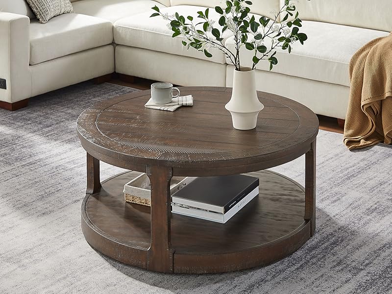 40" Modern Round Coffee Table with Wheels, 2 Tier Solid