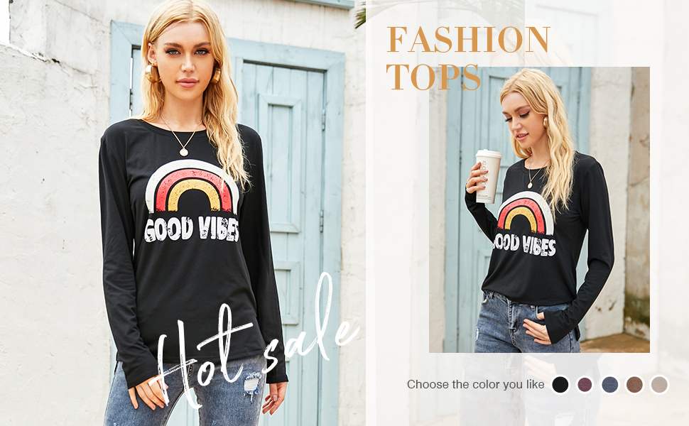 LAISHEN Womens Good Vibes Shirt Graphic Tees Rainbow Print Blessed Humorous T Shirt Informal Free Match Tops 13 -