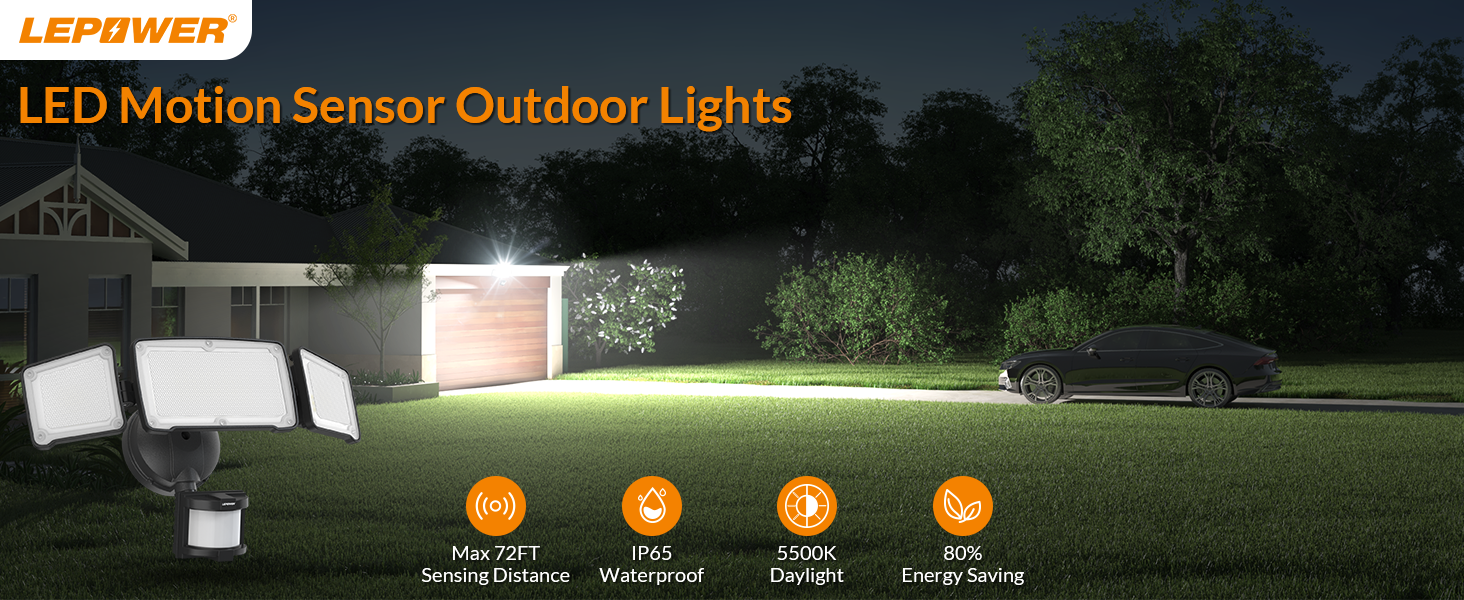 LEPOWER LED Motion Sensor Security Lights, 3 Head Motion Detected, 38W