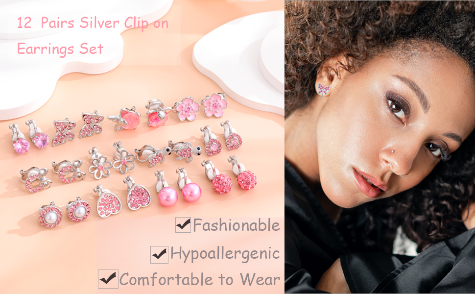 18 Pairs Silver Clip on Earrings for Women Girls Love Knot CZ Faux Pearl Heart