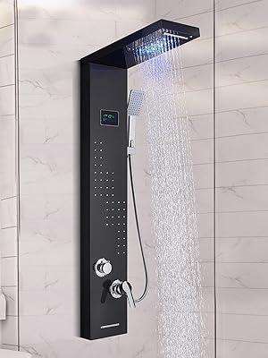 SUGUWORD LED Shower Panel Tower System Black 304 Stainless Steel 5 Function With Rainfall Waterfall Shower Head Massage Jets Hand Shower And Tub Spout Shower System 12 Rozin LED Shower Panel Tower System Black