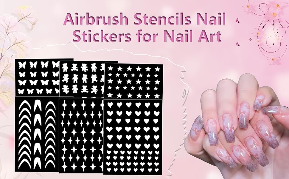 JERCLITY 6 Sheets Airbrush Stencils Nail Stickers for Nail Art