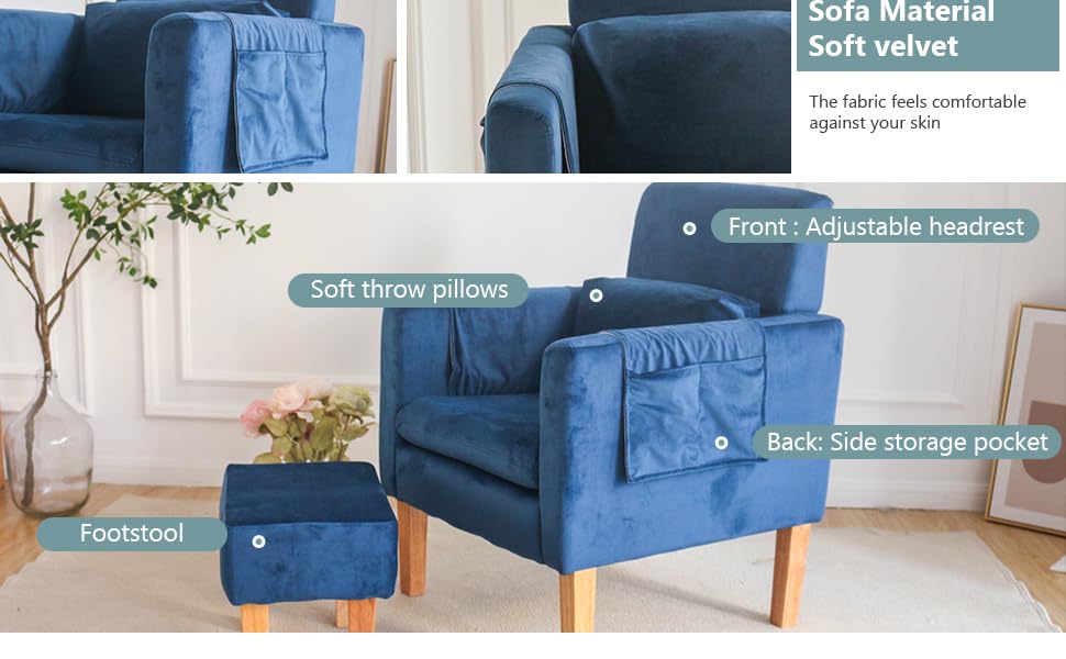 TAKUKA Modern Accent Velvet Blue Chair Upholstered Armchair