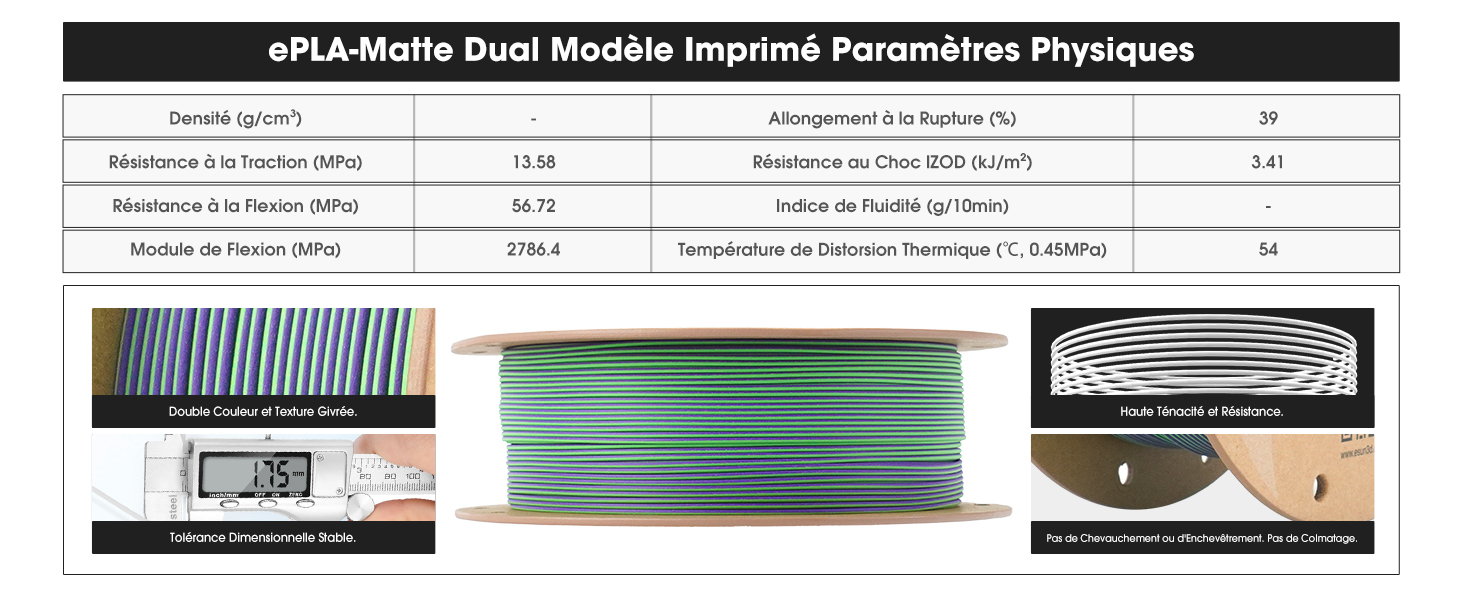 pour le matériau EPLA-Matte Dual, y compris la densité et le point de fusion. Les images montrent des bobines de filament et des objets imprimés en 3D