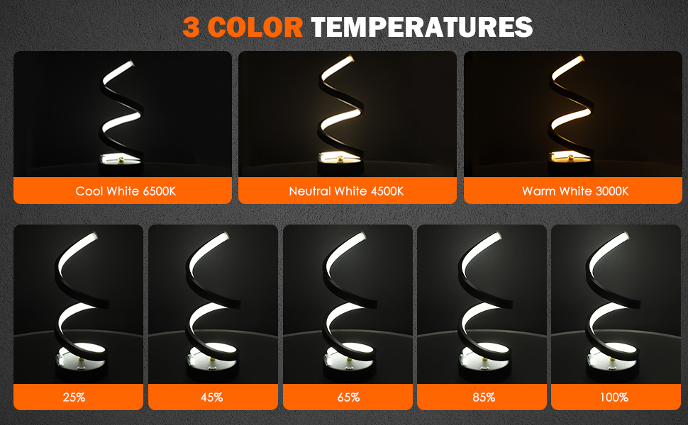 Bedside Spiral LED Table Lamp, 3 Color Temperatures, 10 Levels Stepless Dimmable Twist Lamp