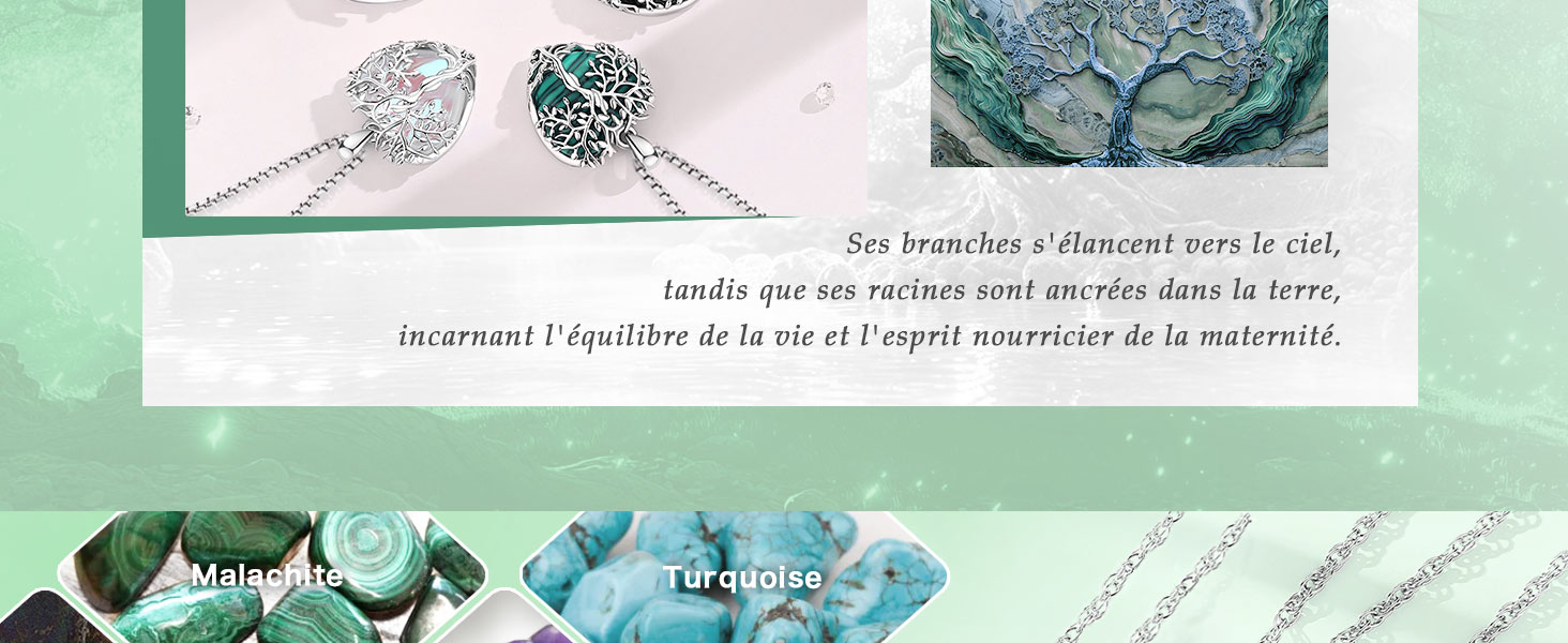 Deux pendentifs en pierres précieuses sur des chaînes, l'un transparent et l'autre vert, affichés au-dessus du texte. Ci-dessous, les pierres précieuses étiquetées dans les tons de bleu et de vert sont partiellement visibles.