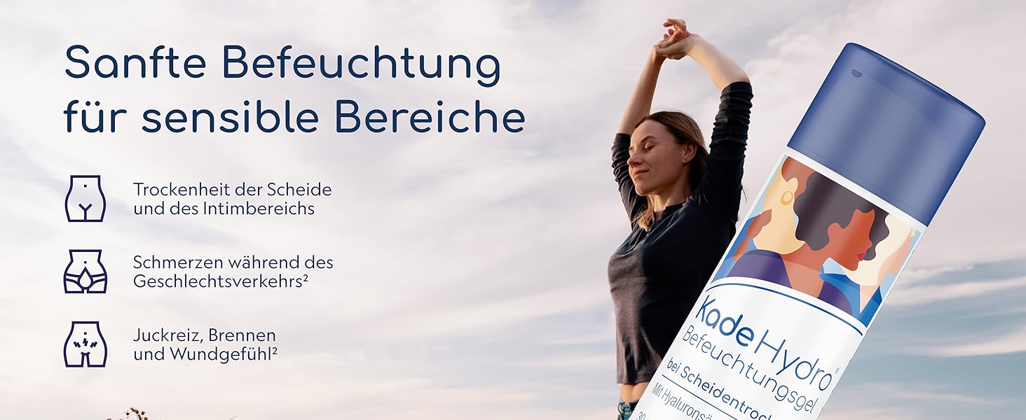 Blaue Sprühflasche mit Intimpflegeprodukt. Frau streckt im Hintergrund die Arme nach oben. Symbole und deutscher Text unterstreichen die sanfte Beleuchtung empfindlicher Bereiche, die Linderung von Trockenheit und die Linderung von Juckreiz