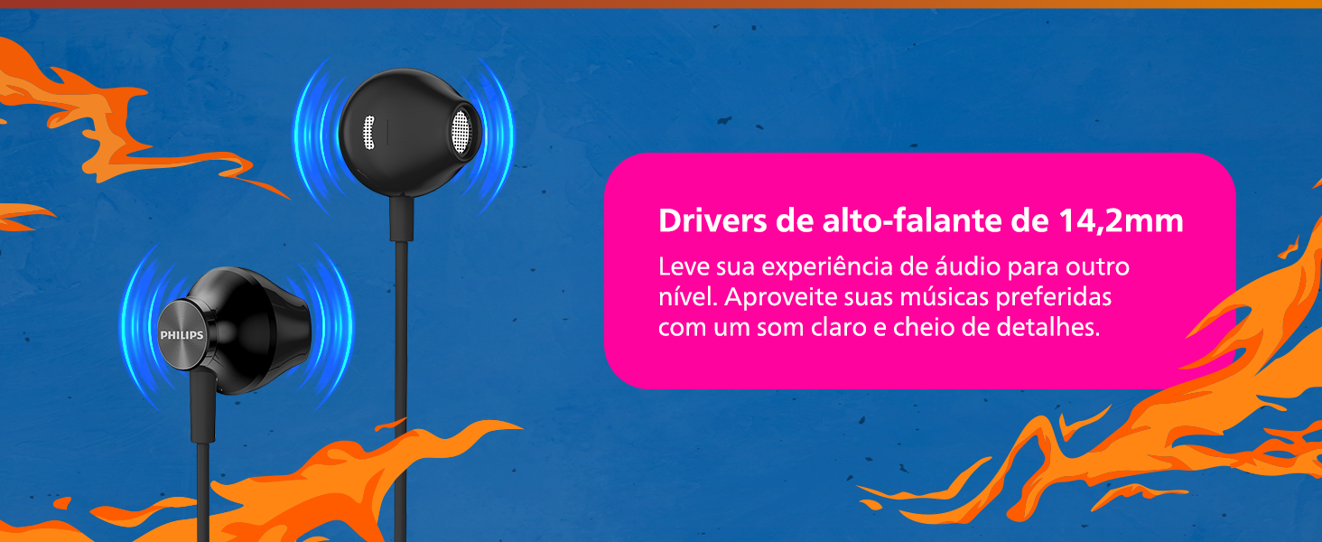 fone philips, fone com fio, fone compacto, drivers 14mm, fone confortavel, microfone, fone com cabo