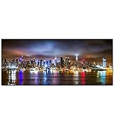 sechars - New York City Canvas Wall Art Manhattan Skyline Panorama on Cloudy Night Picture Giclee...