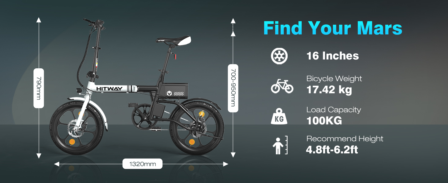 Folding electric bike with 16-inch wheels, 17.42 kg weight, 100 kg load capacity. Black frame with white accents, compact design for urban commuting. Specifications and measurements displayed.
