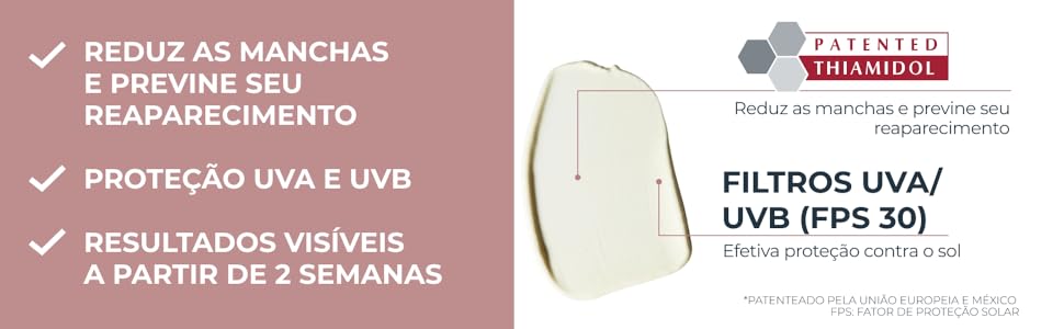 O ativo patenteado Thiamidol atua na redução de manchas e controle de oleosidade da pele.