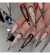 IMRAIN Black Ombre Press on Nails Long Stiletto Fake Nails Matte Rhinestone Extra Long False Nail...