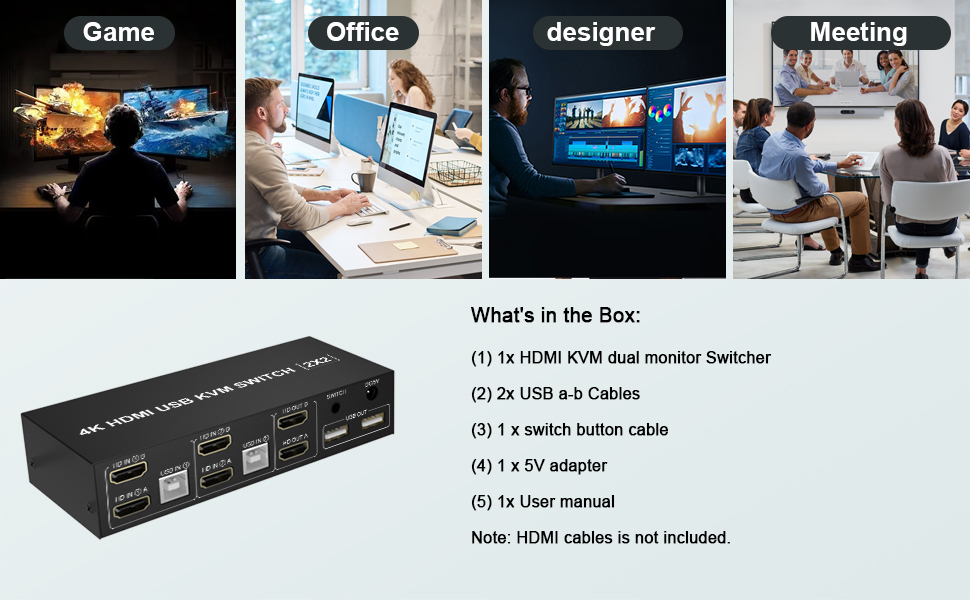 KVM Switch Dual Monitor HDMI 2 Port, 4K60Hz Extended Display KVM