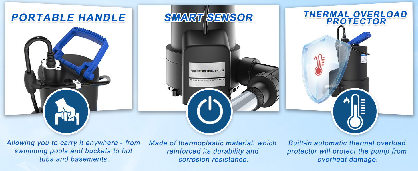 1/4 HP Automatic Submersible Sump Pump, 2800 GPH Water Pump for Pool