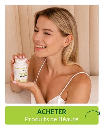 Publicité de produit montrant un petit pot ou un contenant, avec un bouton vert intitulé « ACHETER Produits de Beauté » ci-dessous.