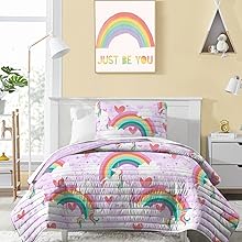 Unicorn Rainbow Quilt girls kids pink purple gift theme rainbow soft hearts white magical princess