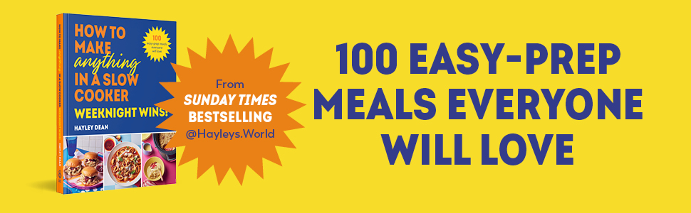 Text reads '100 EASY-PREP MEALS EVERYONE WILL LOVE' on yellow background with sun burst graphic element.