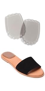 Foot Petals under heel cushion on a black and tan sandal.