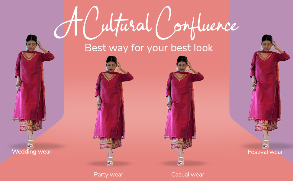 VredeVogel Women's Silk Blend Embroidered Straight Kurta with Palazzo & Nazneen Dupatta Set