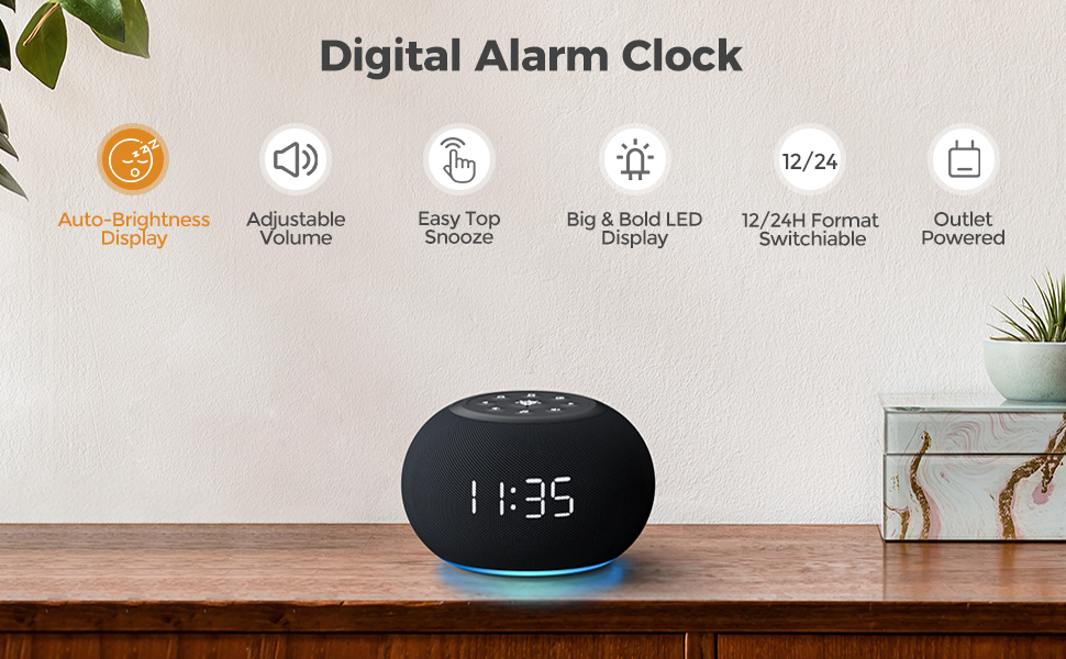 Reacher AutoDimmable Alarm Clock Sound Machine with Night