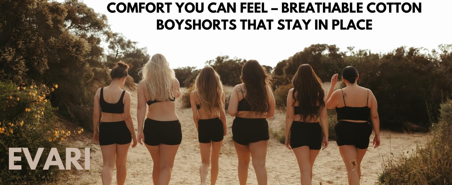 women in matching black cotton boyshorts, breathability, and stay-in-place fit of Evari underwear.