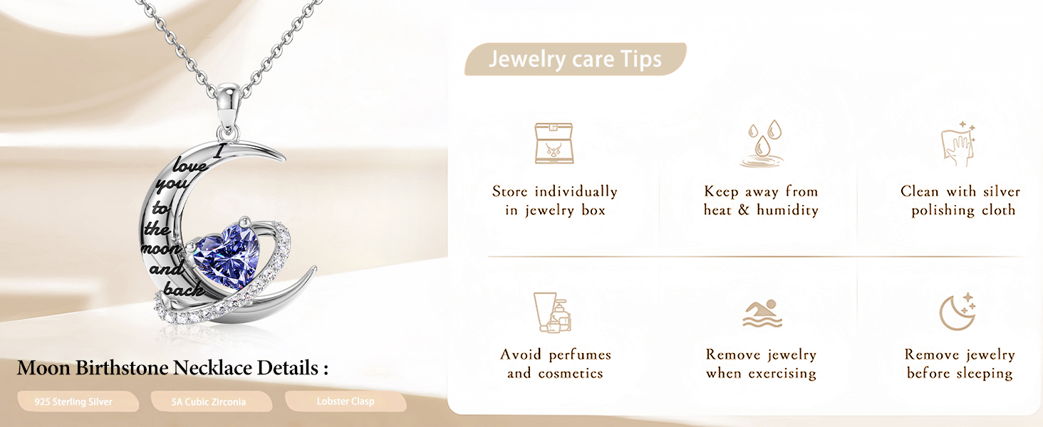 distance june birthstone moon heart necklace