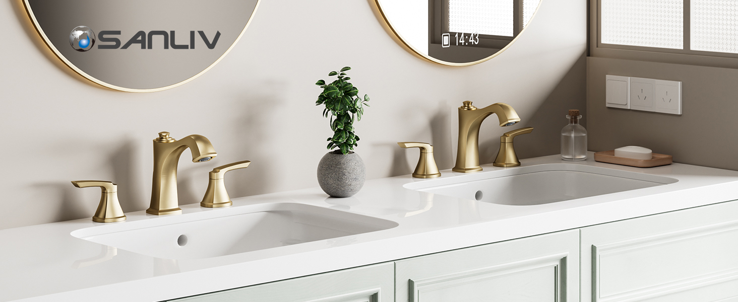 Brushed Gold Bathroom Sink Faucets, 8 inch Widespread Two Handle Vanity Faucet 3 Holes with Drain