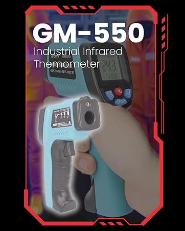 GM-550 Industrial Infrared Thermometer, handheld device with digital display. Light blue and gray body, trigger grip design. Screen shows temperature reading of -50.3.