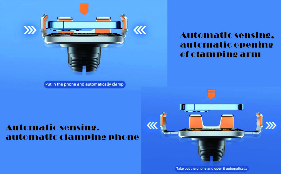 Automatic phone clamp with sensing and opening mechanism. Two views show closed and open positions of the device's arms for holding a smartphone.