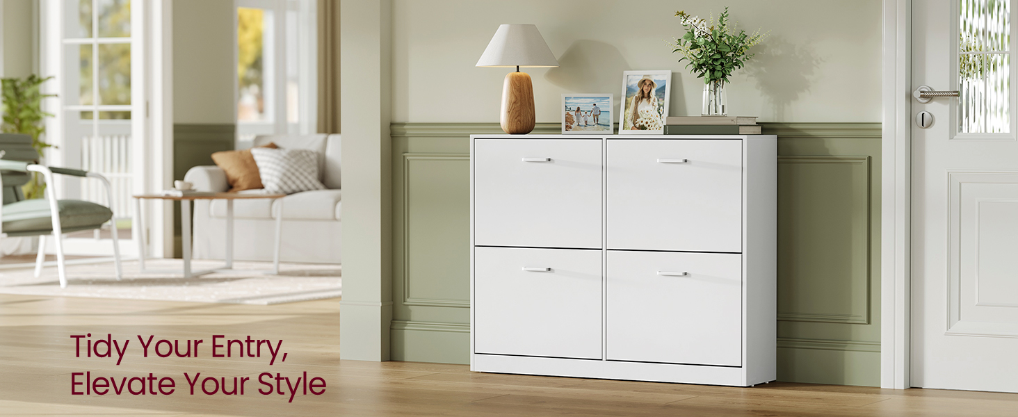 Skrinka na topánky so 4 výklopnými dvierkami, botník, 24 x 105,5 x 82,7 cm, snehobiely