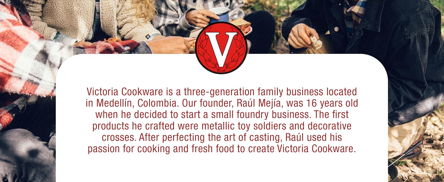 Several cast-iron products sitting on a table. Text reads: Victoria Cookware.