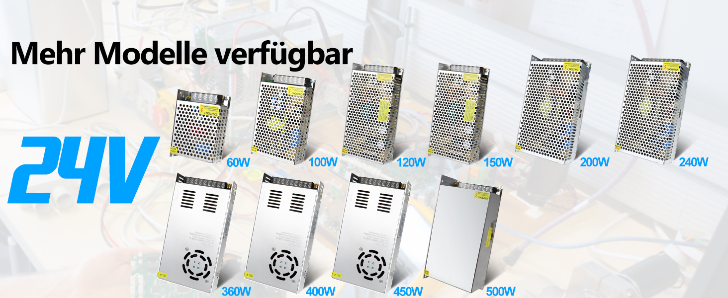 Anzeige von sechs elektronischen 24-V-Komponenten oder Stromversorgungen mit technischen Spezifikationen, dargestellt im Netzlayout mit deutschem Text.