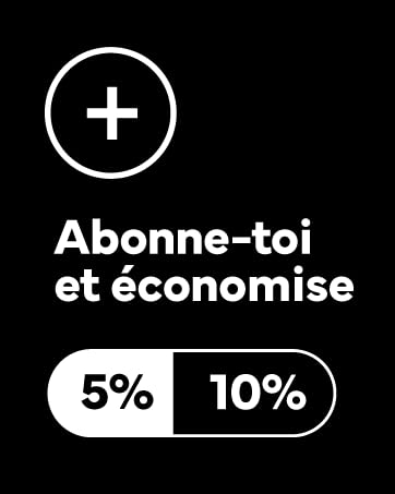 Fond noir avec texte blanc : « Abonne-toi et économie ». Icône en forme de plus dans un cercle. Bascule en deux parties affichant les options de réduction « 5 % » et « 10 % ».
