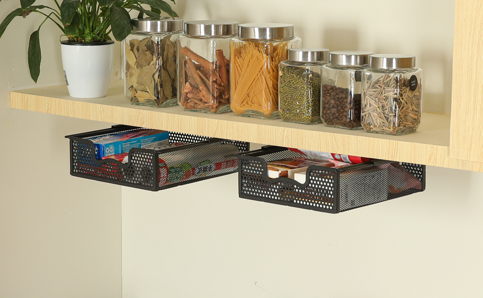 2 Pack Hanging Pullout Drawer Basket, Sliding Under Storage Organizer, Under Shelf