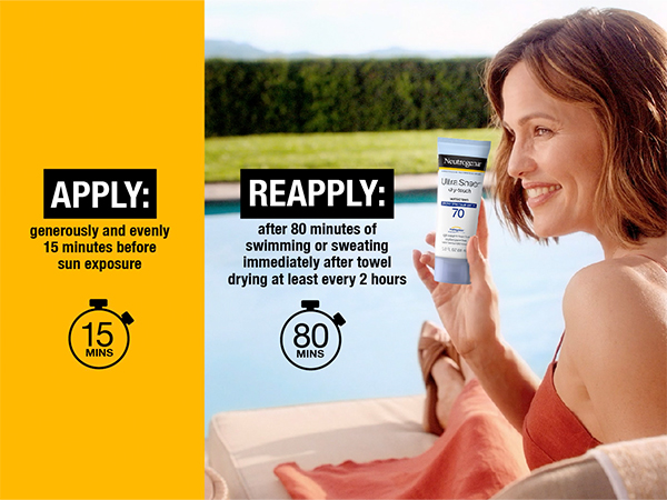 apply generously 15 minutes before sun exposure and reapply after 80 minutes of swimming or sweating