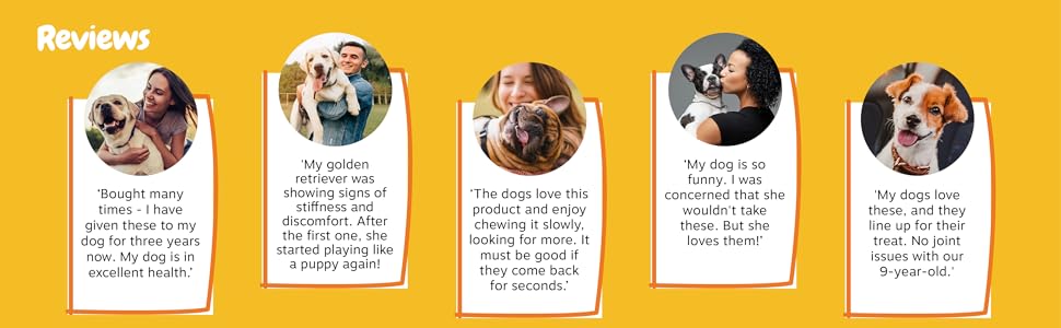 Yellow banner showcasing five circular customer review images with accompanying text testimonials below each image.