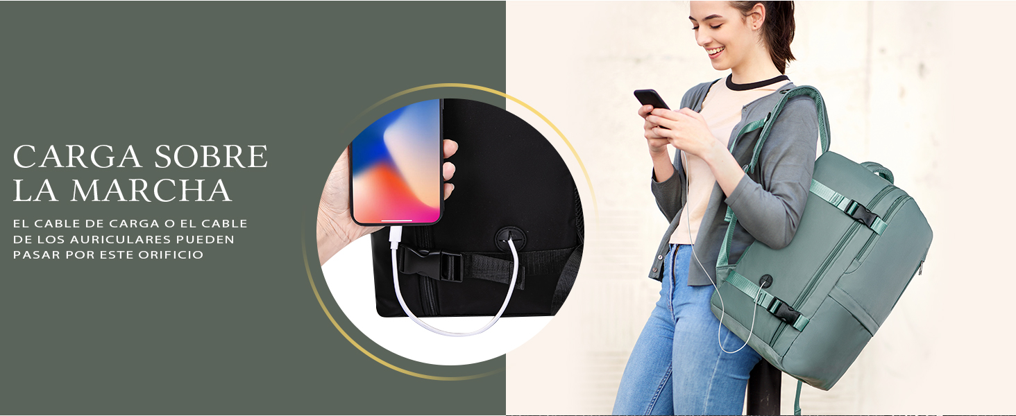 con varios compartimentos y para una persona con un smartphone. La bolsa parece diseñada para transportar y cargar dispositivos electrónicos mientras viaja.