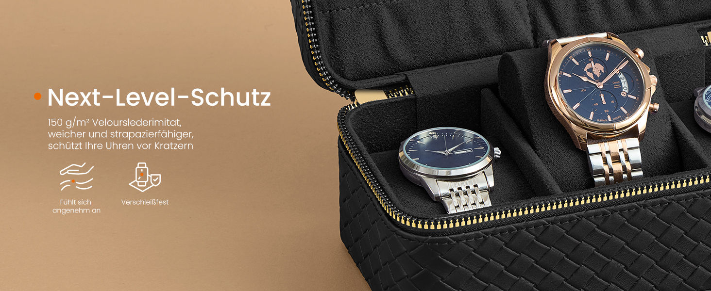 Luxus-Uhrenetui mit gesteppter Innenseite, in dem zwei Uhren in gepolsterten Fächern aufbewahrt werden. Die Schutzfunktionen sind durch Symbole gekennzeichnet