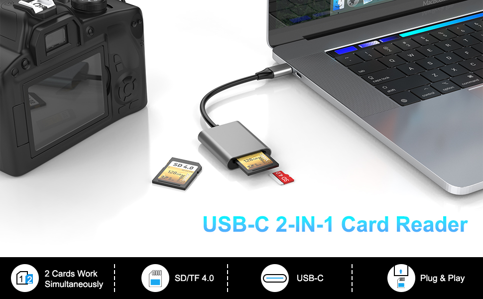 USB C SD 4.0 Card Reader, SD TF UHSII Card Reader, 2in1 SD TF Memory