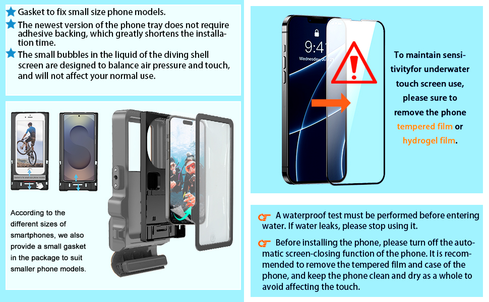 The upgraded universal mobile phone tray makes it easier for you to touch and shoot underwater.
