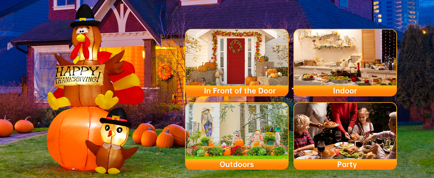  6 FT Height Thanksgiving Inflatables Turkey on Pumpkin & Little Turkey 