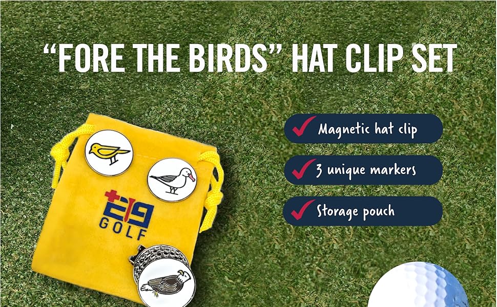E9 Golf Fore The Birds Hat Clip Set Ball Markers and Storage Bag