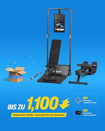 Home gym equipment set with bench, screen, and attachments on blue background. Text overlay reads 'BIS ZU 1,100'. Cardboard box with weights visible.